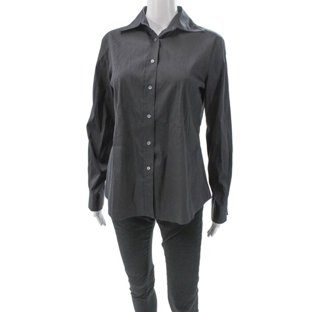 Alara Women Basic Collared Black Button-Up Top Long Sleeve Cotton Blend Size L